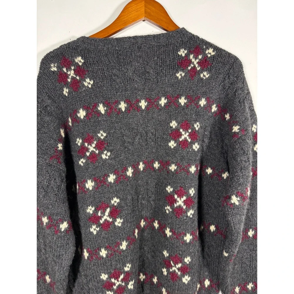 John Ashford Sport Mens Gray Fair Isle Shetland Wool Hand Knitted Sweater Medium